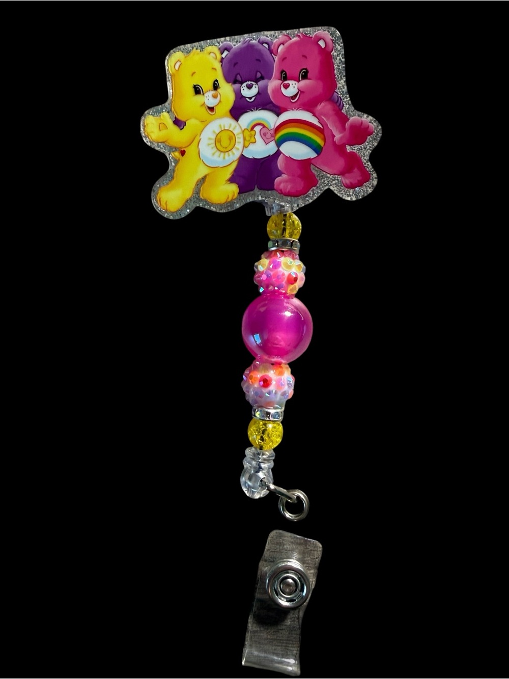 Care Bears Yellow Purple Pink Beaded Badge Reel with Rainbow